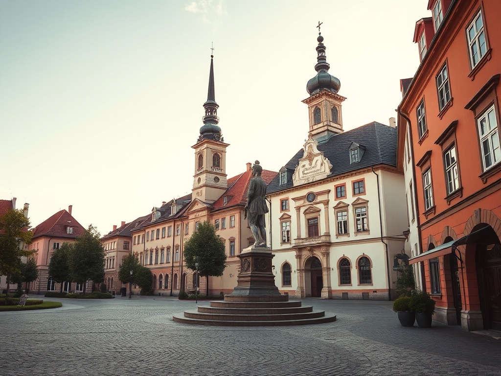 Widok na rynek w Sulmierzycach z charakterystyczną architekturą